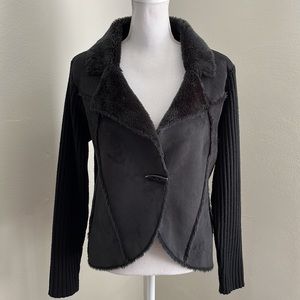 Y2K Faux Fur Collar Faux Suede Ribbed Knit Jacket